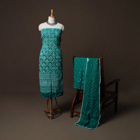 Green - Kutch Tie-Dye Cotton Satin 3pc Unstitched Bandhani Dress Material Suit Set 41