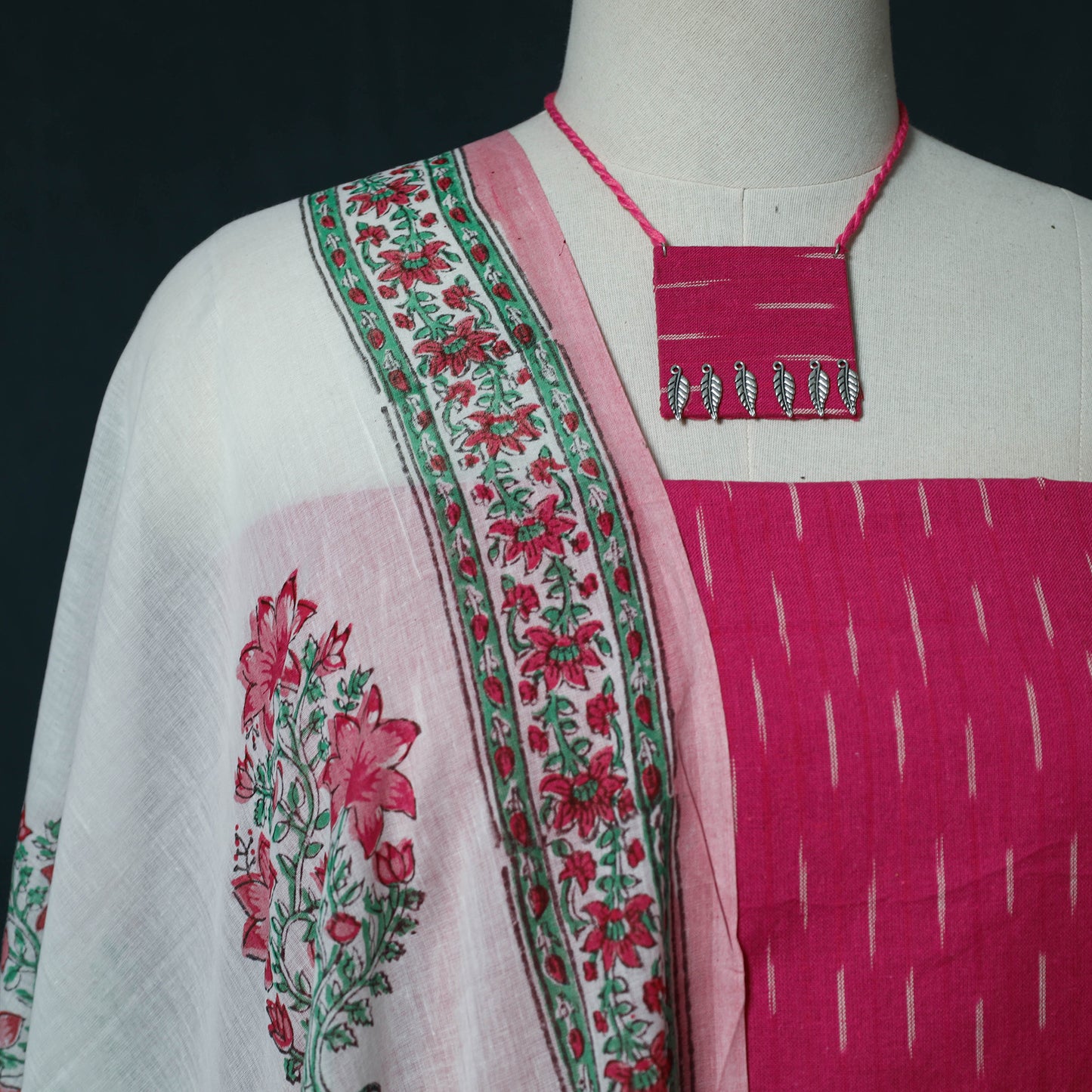 Pochampally Ikat Cotton 2pc Unstitched Dress Material Kurta Set with Jewellery Set 30