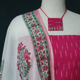 Pochampally Ikat Cotton 2pc Unstitched Dress Material Kurta Set with Jewellery Set 30