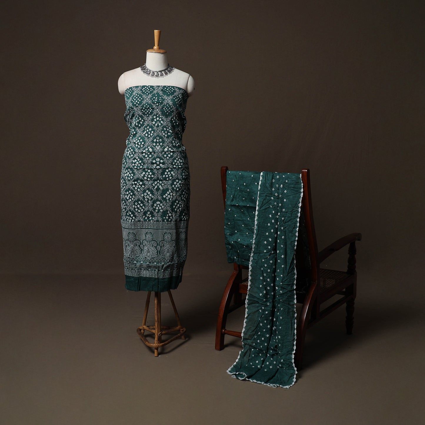 Green - Kutch Tie-Dye Cotton Satin 3pc Unstitched Bandhani Dress Material Suit Set 42