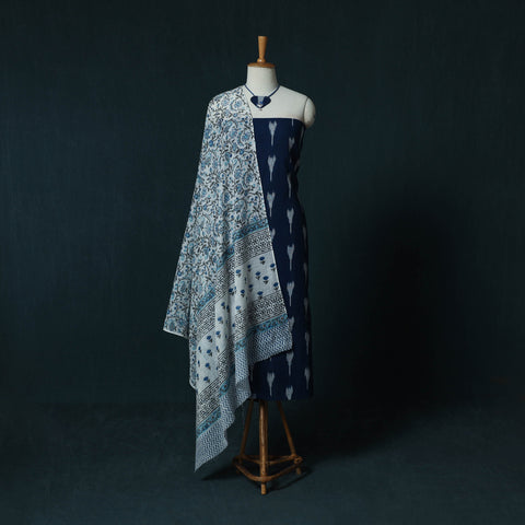 Pochampally Ikat Cotton 2pc Unstitched Dress Material Kurta Set with Jewellery Set 31