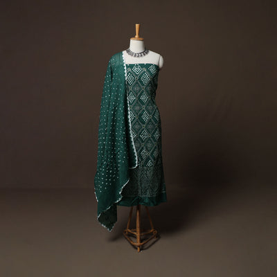 Green - Kutch Tie-Dye Cotton Satin 3pc Unstitched Bandhani Dress Material Suit Set 43