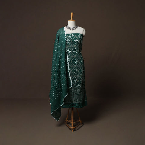Green - Kutch Tie-Dye Cotton Satin 3pc Unstitched Bandhani Dress Material Suit Set 43