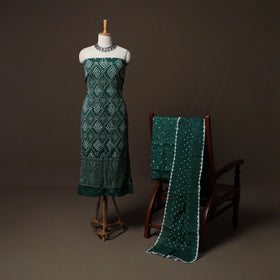 Green - Kutch Tie-Dye Cotton Satin 3pc Unstitched Bandhani Dress Material Suit Set 43