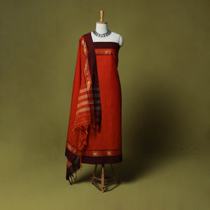 Red - Dharwad Cotton 3pc Unstitched Dress Material Suit Set with Woven Zari Border 16