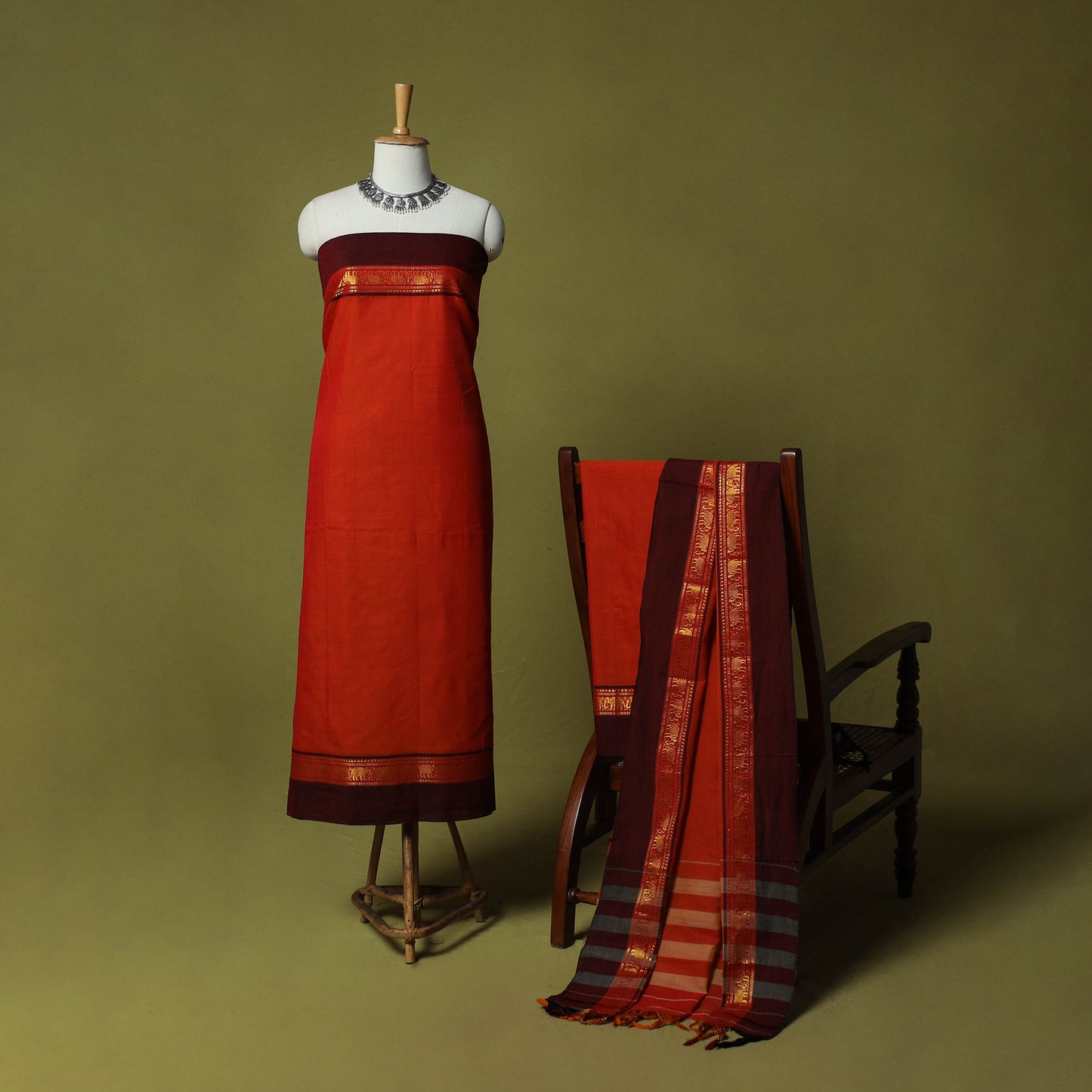 Dharwad Cotton 3pc Unstitched Dress Material Suit Set with Woven Zari Border 16