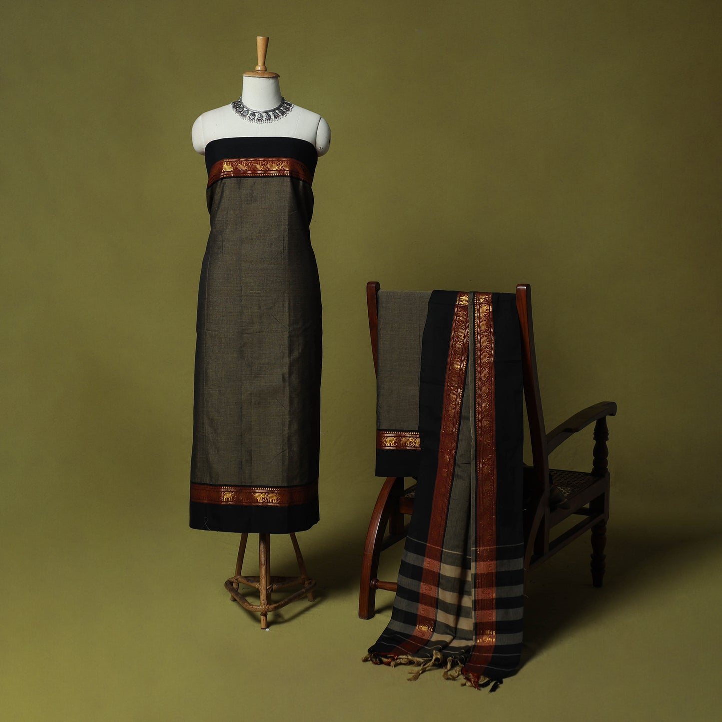 Dharwad Cotton 3pc Unstitched Dress Material Suit Set with Woven Zari Border 20