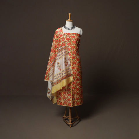 Yellow - Sanganeri Hand Block Print Chanderi Silk 3pc Unstitched Dress Material Suit Set 44