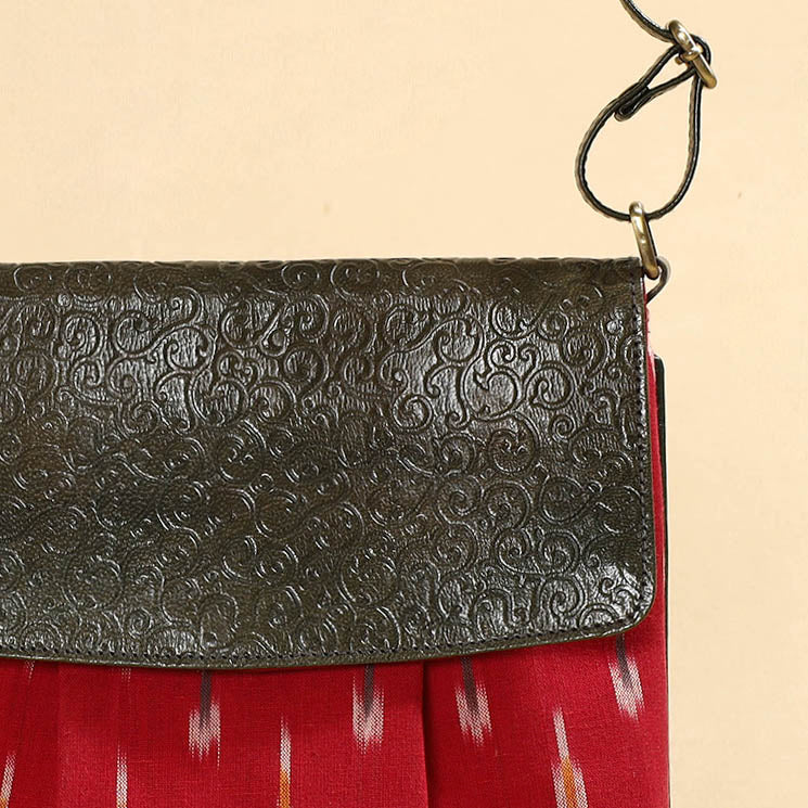 Red - Handcrafted Ikat Fabric Sling Bag with Embossed Leather Flap