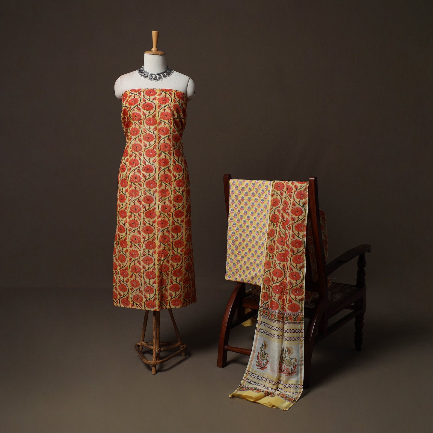 Yellow - Sanganeri Hand Block Print Chanderi Silk 3pc Unstitched Dress Material Suit Set 44