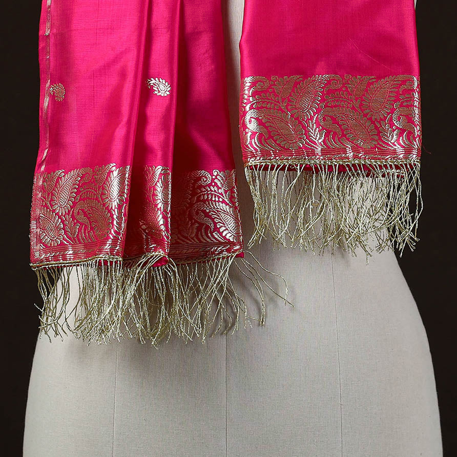 Pink - Brocade Handloom Pure Silk Banarasi Stole with Tassels 04