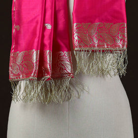Pink - Brocade Handloom Pure Silk Banarasi Stole with Tassels 04