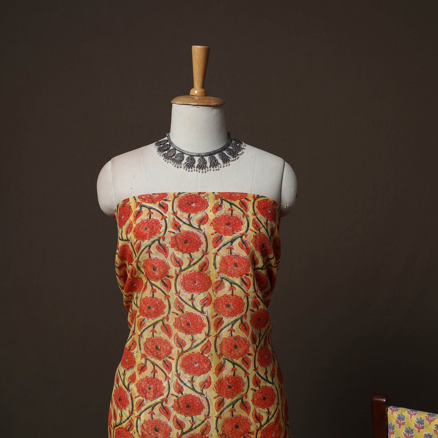 Yellow - Sanganeri Hand Block Print Chanderi Silk 3pc Unstitched Dress Material Suit Set 44