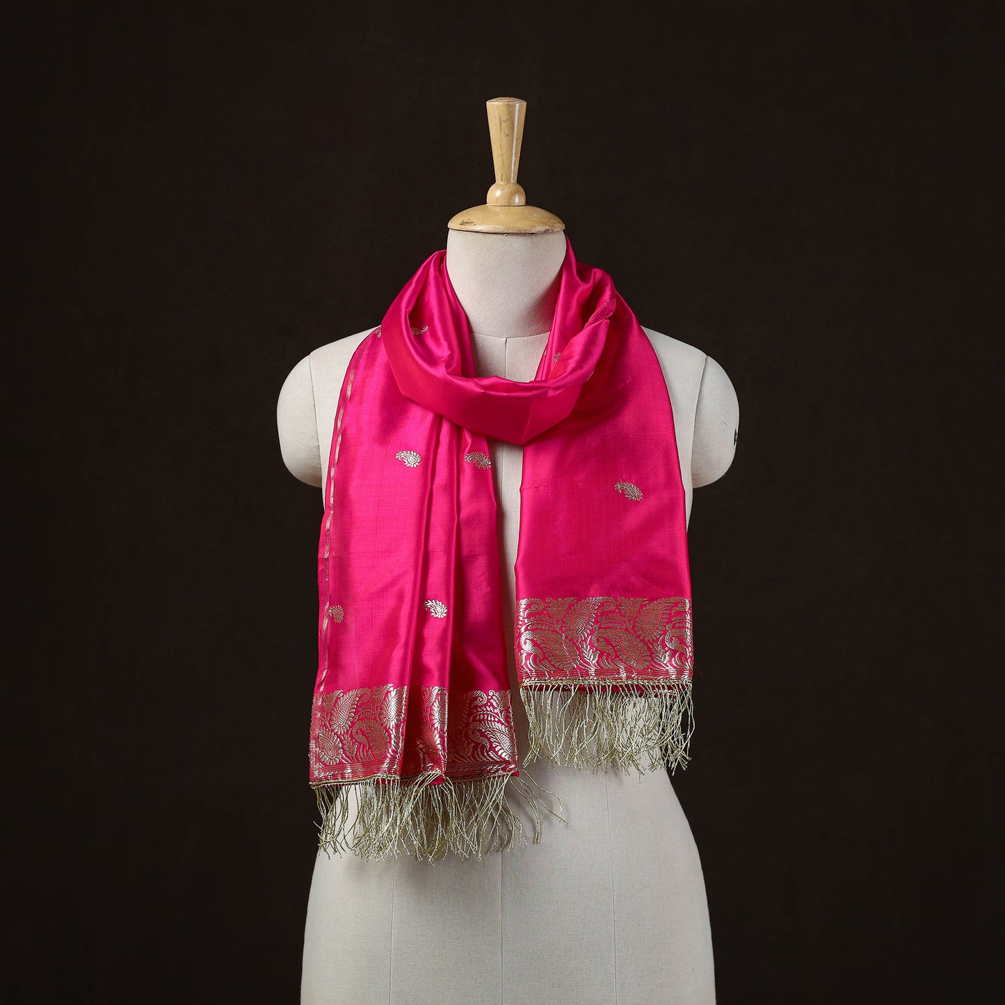 Pink - Brocade Handloom Pure Silk Banarasi Stole with Tassels 04