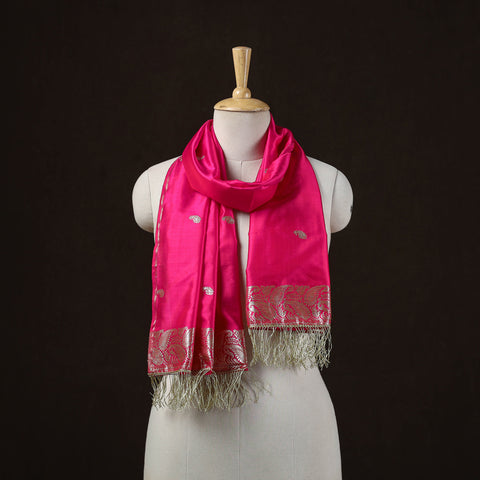 Pink - Brocade Handloom Pure Silk Banarasi Stole with Tassels 04