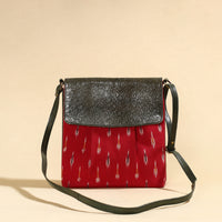 Red - Handcrafted Ikat Fabric Sling Bag with Embossed Leather Flap