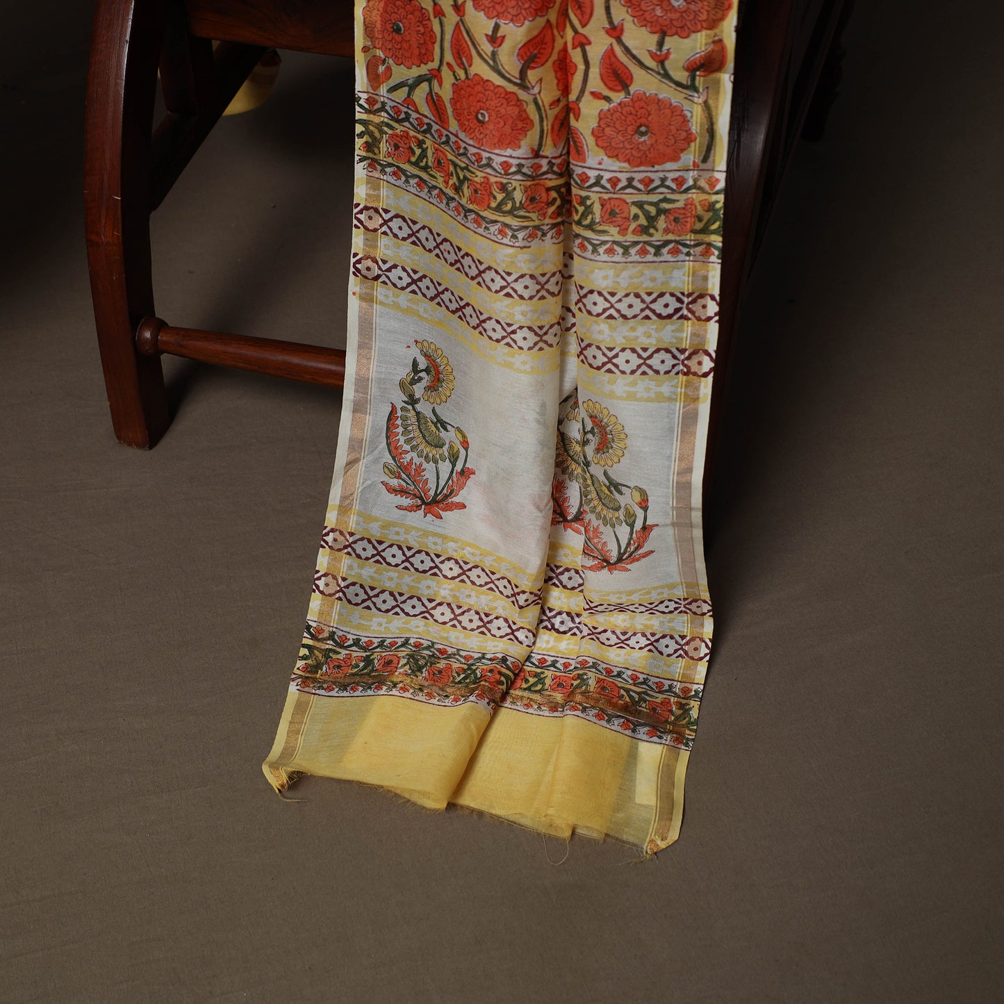 Yellow - Sanganeri Hand Block Print Chanderi Silk 3pc Unstitched Dress Material Suit Set 44