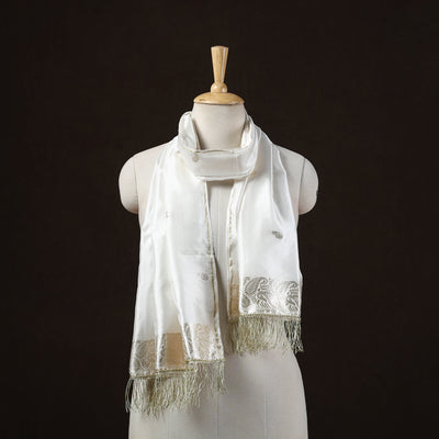 White - Brocade Handloom Pure Silk Banarasi Stole with Tassels 01