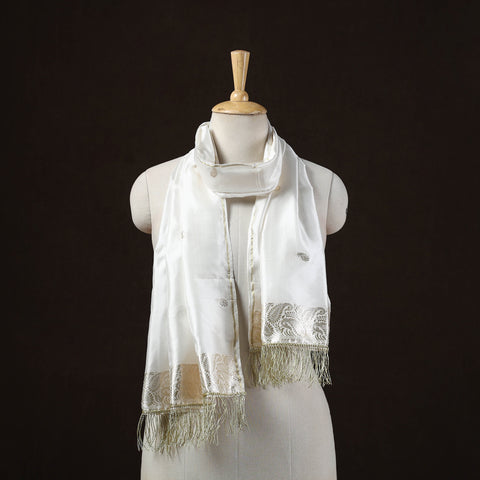 White - Brocade Handloom Pure Silk Banarasi Stole with Tassels 01