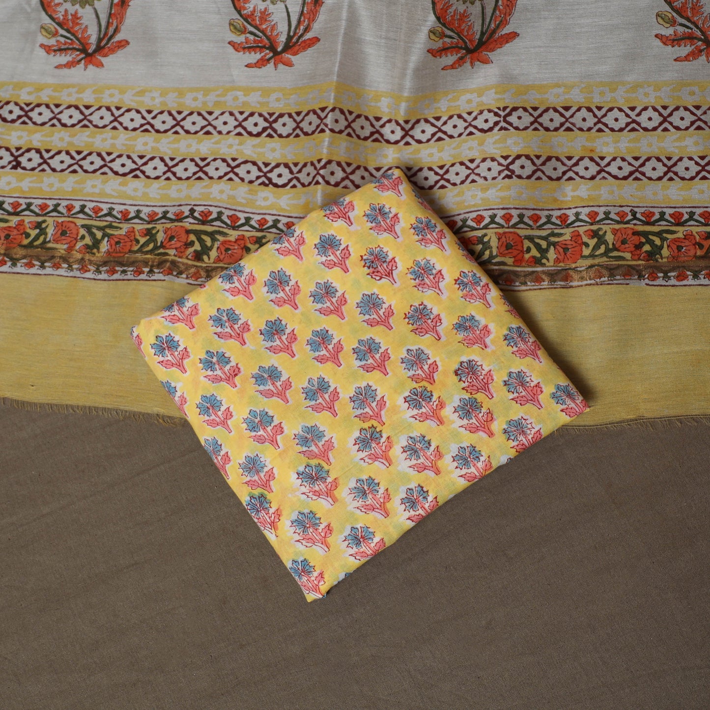 Yellow - Sanganeri Hand Block Print Chanderi Silk 3pc Unstitched Dress Material Suit Set 44