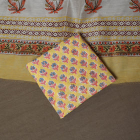 Yellow - Sanganeri Hand Block Print Chanderi Silk 3pc Unstitched Dress Material Suit Set 44