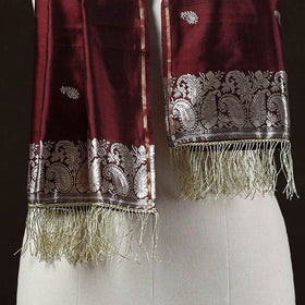 Maroon - Brocade Handloom Pure Silk Banarasi Stole with Tassels 02