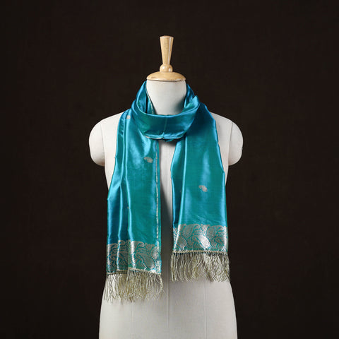 Blue - Brocade Handloom Pure Silk Banarasi Stole with Tassels 03