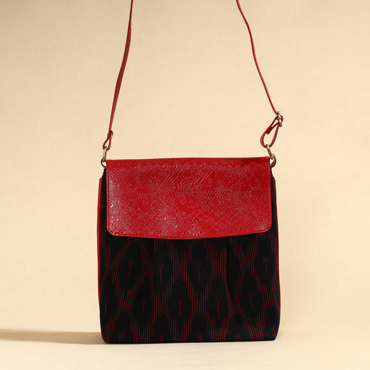 Black - Handcrafted Ikat Fabric Sling Bag with Embossed Leather Flap
