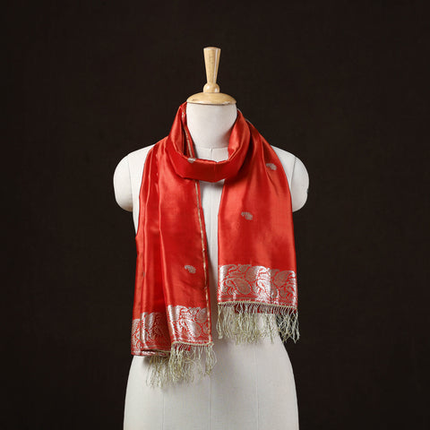 Orange - Brocade Handloom Pure Silk Banarasi Stole with Tassels 05
