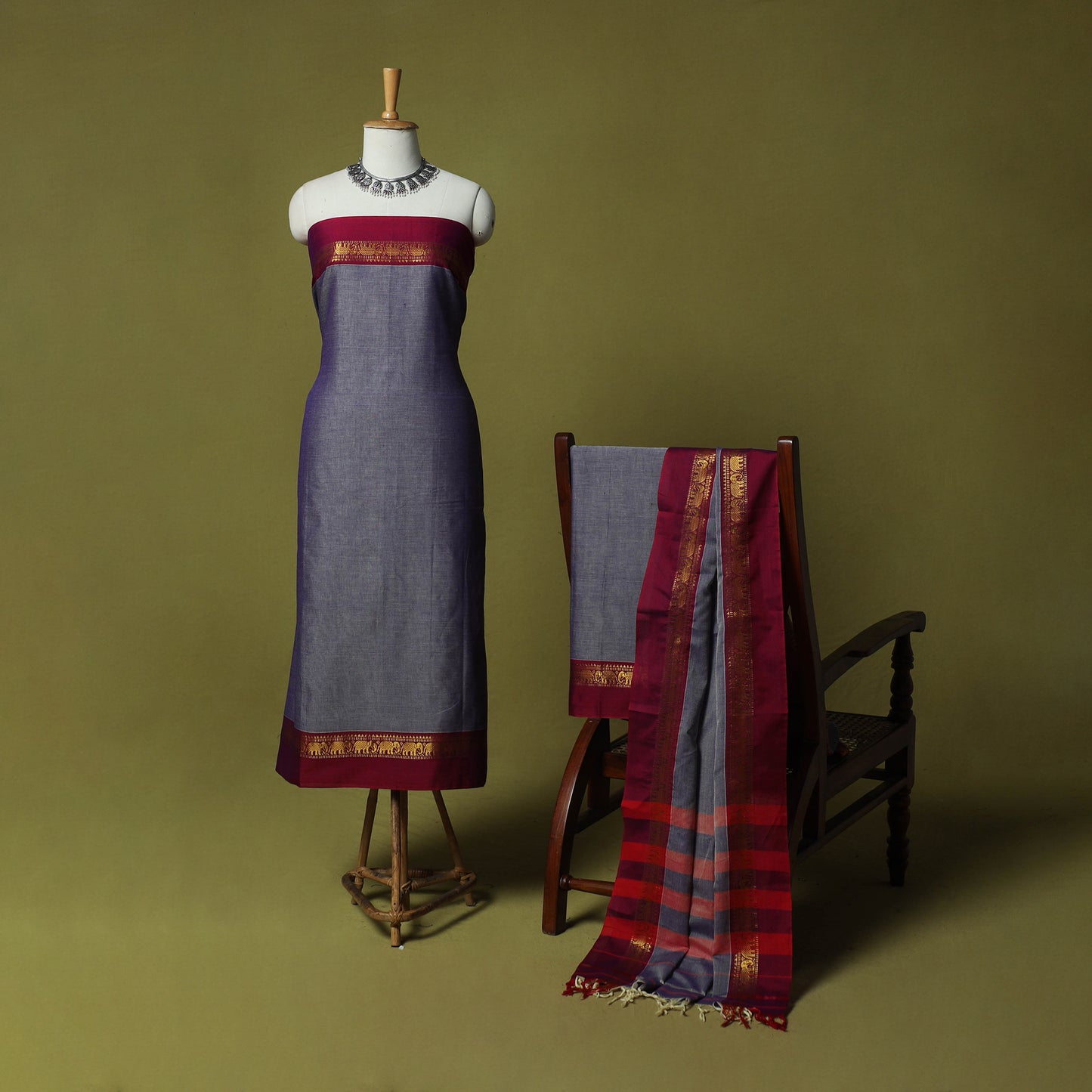 Dharwad Cotton 3pc Unstitched Dress Material Suit Set with Woven Zari Border 18