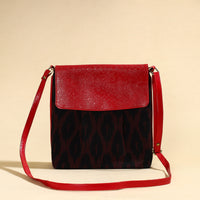 Black - Handcrafted Ikat Fabric Sling Bag with Embossed Leather Flap