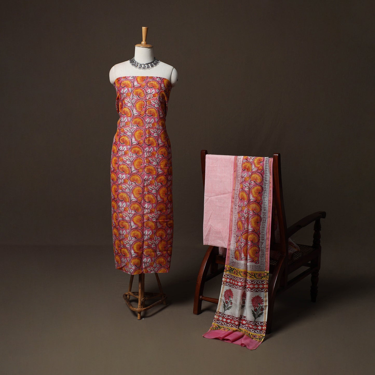 Pink - Sanganeri Hand Block Print Chanderi Silk 3pc Unstitched Dress Material Suit Set 45