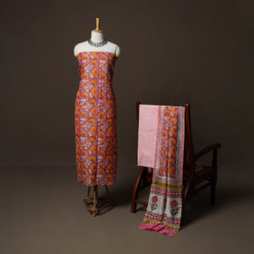 Pink - Sanganeri Hand Block Print Chanderi Silk 3pc Unstitched Dress Material Suit Set 45