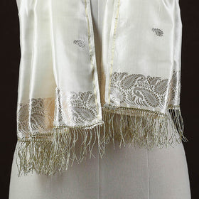 White - Brocade Handloom Pure Silk Banarasi Stole with Tassels 06