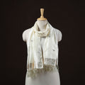 White - Brocade Handloom Pure Silk Banarasi Stole with Tassels 06