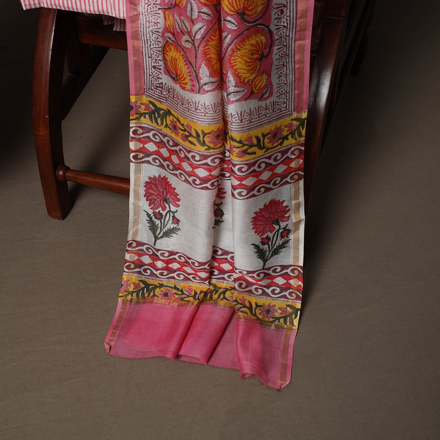 Pink - Sanganeri Hand Block Print Chanderi Silk 3pc Unstitched Dress Material Suit Set 45