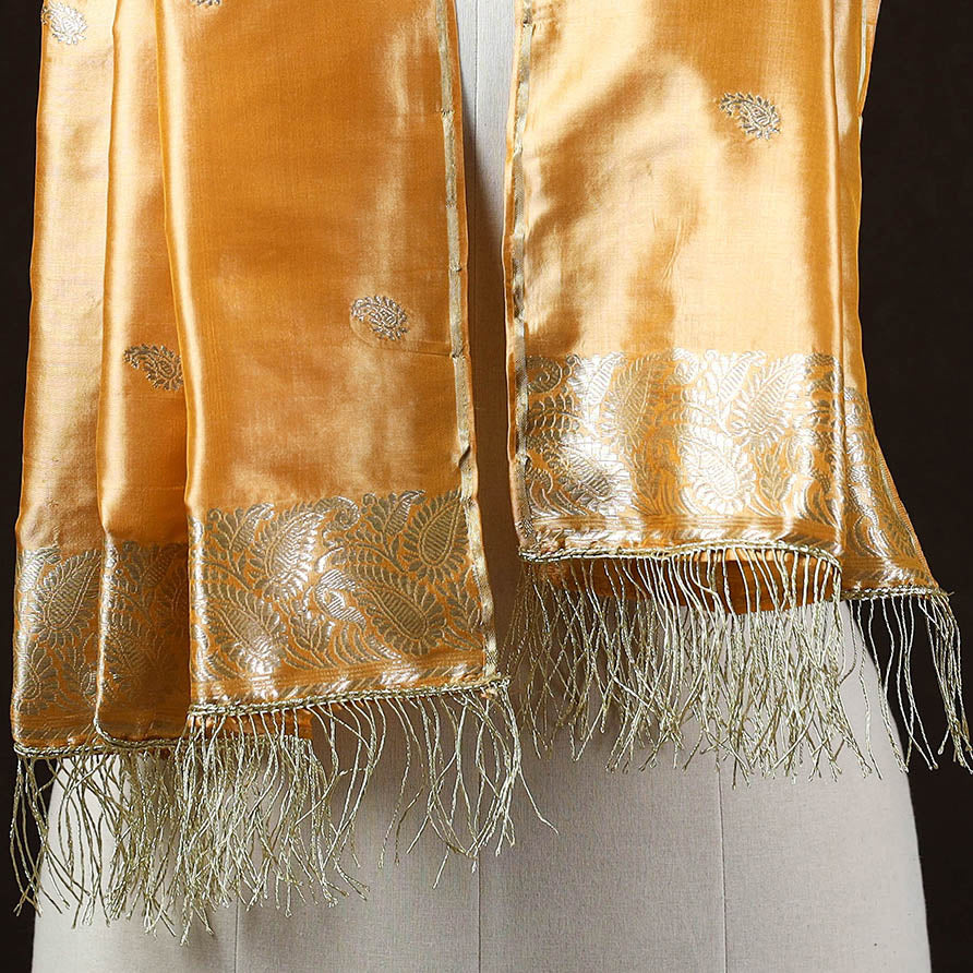 Orange - Brocade Handloom Pure Silk Banarasi Stole with Tassels 07