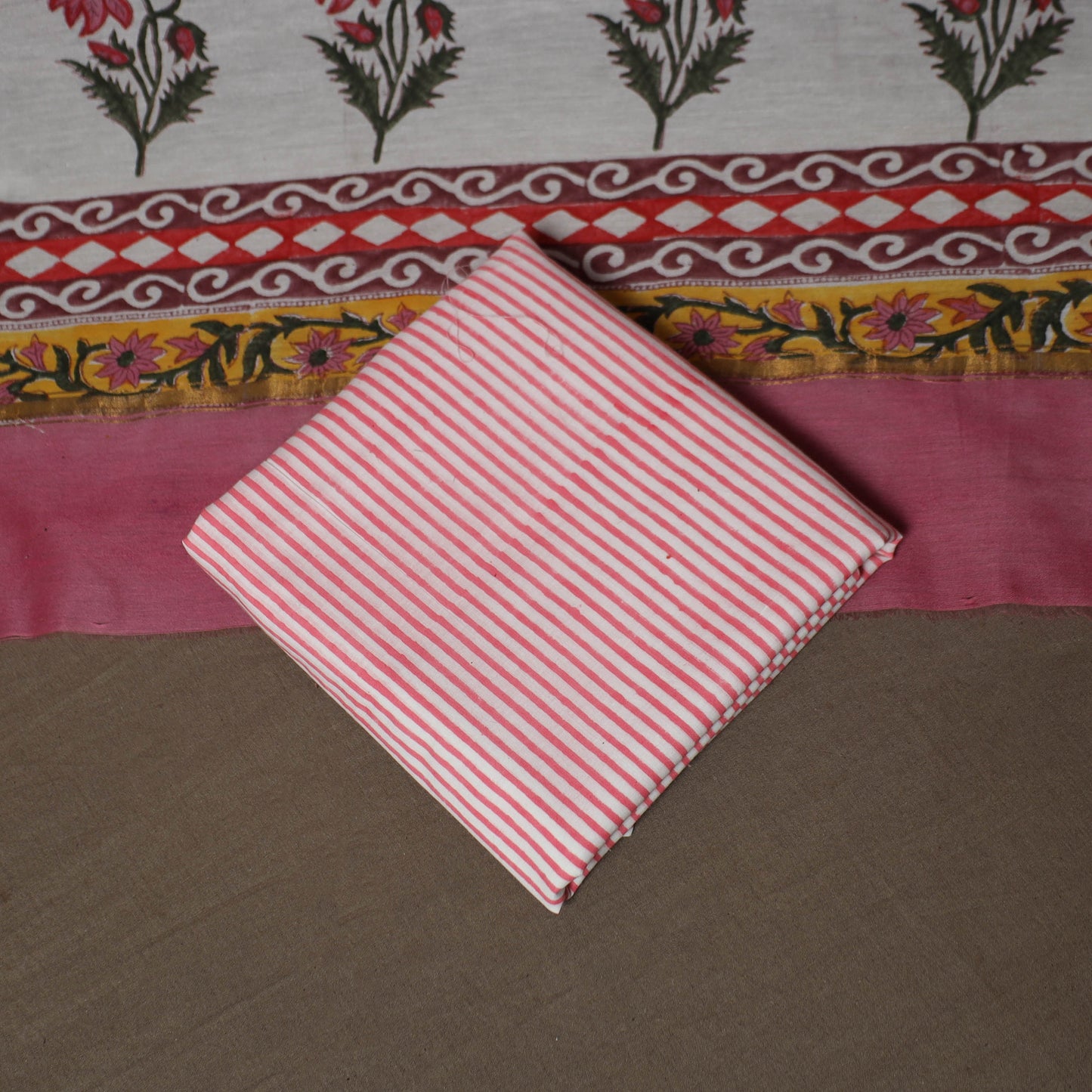 Pink - Sanganeri Hand Block Print Chanderi Silk 3pc Unstitched Dress Material Suit Set 45