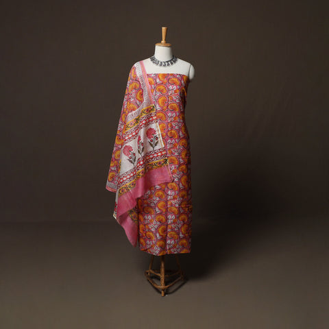 Pink - Sanganeri Hand Block Print Chanderi Silk 3pc Unstitched Dress Material Suit Set 45