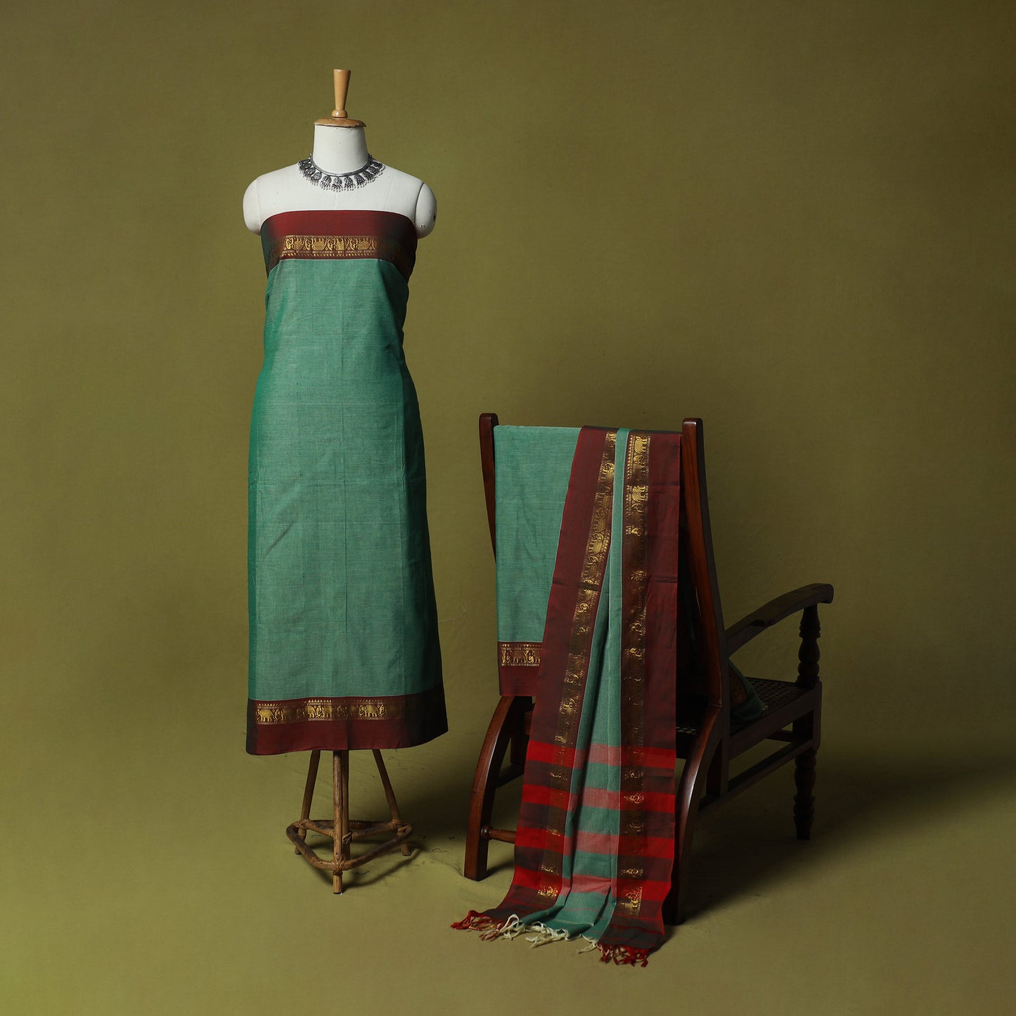 Dharwad Cotton 3pc Unstitched Dress Material Suit Set with Woven Zari Border 17