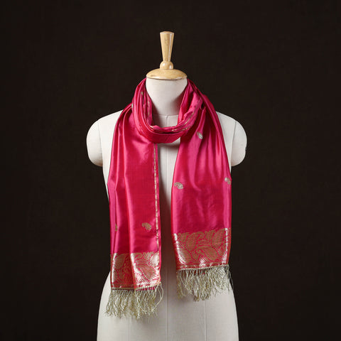 Pink - Brocade Handloom Pure Silk Banarasi Stole with Tassels 08