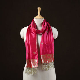 Pink - Brocade Handloom Pure Silk Banarasi Stole with Tassels 08