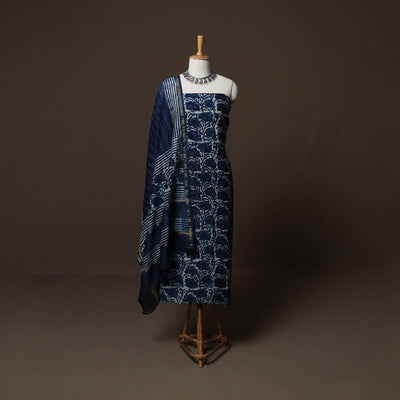 Blue - Indigo Bagru Hand Block Print Chanderi Silk 3pc Unstitched Dress Material Suit Set 46