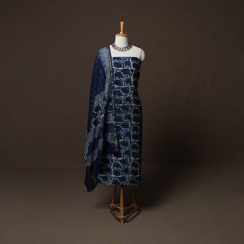 Blue - Indigo Bagru Hand Block Print Chanderi Silk 3pc Unstitched Dress Material Suit Set 46