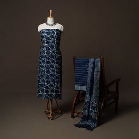 Blue - Indigo Bagru Hand Block Print Chanderi Silk 3pc Unstitched Dress Material Suit Set 46
