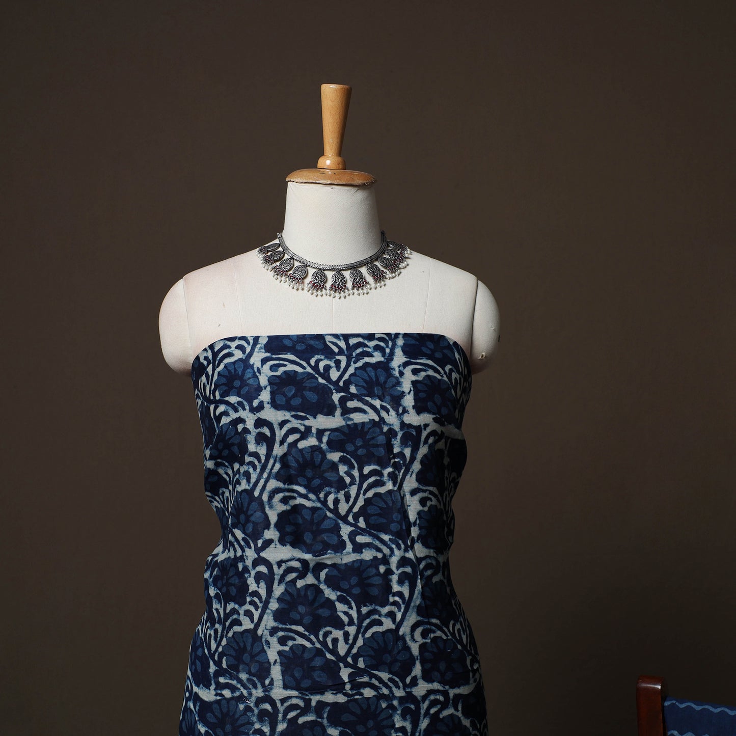 Blue - Indigo Bagru Hand Block Print Chanderi Silk 3pc Unstitched Dress Material Suit Set 46