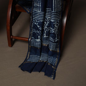 Blue - Indigo Bagru Hand Block Print Chanderi Silk 3pc Unstitched Dress Material Suit Set 46
