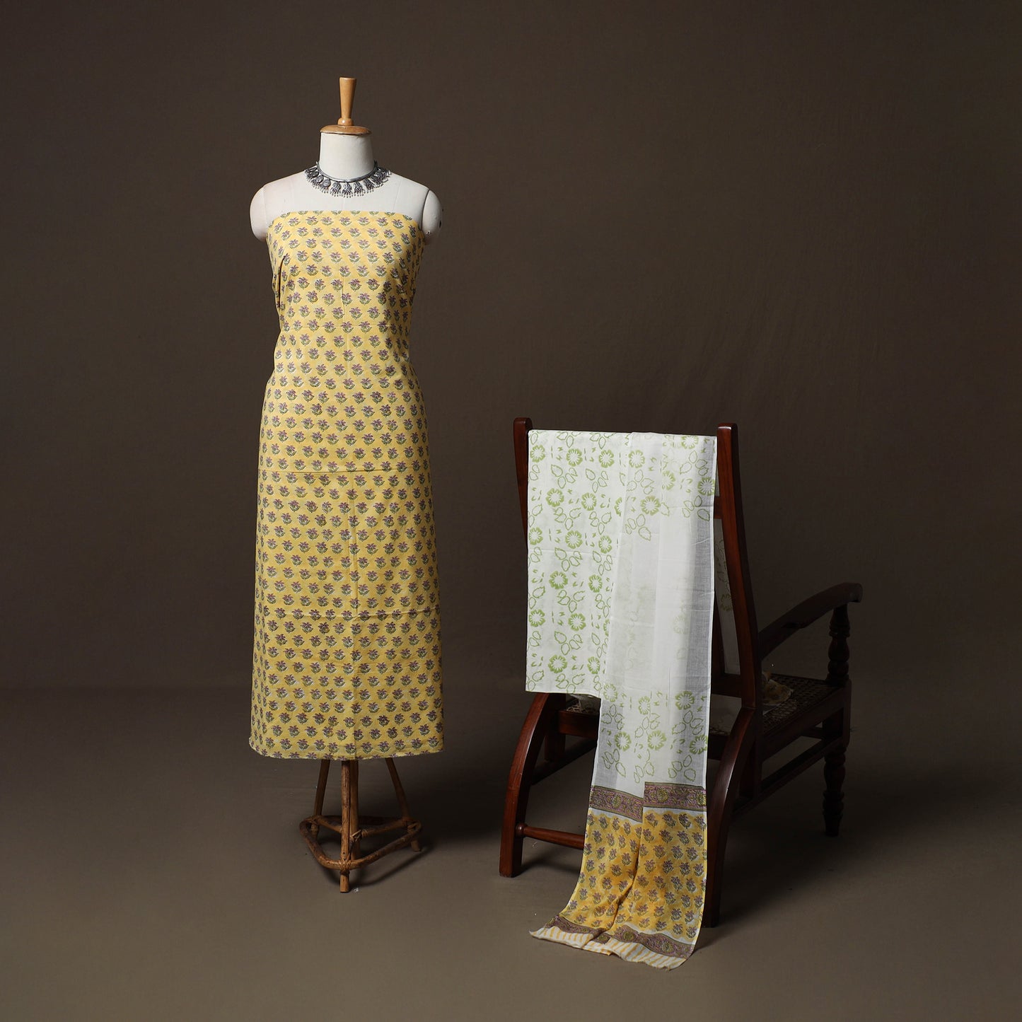 Yellow - Sanganeri Hand Block Print Cotton 3pc Unstitched Dress Material Suit Set 47