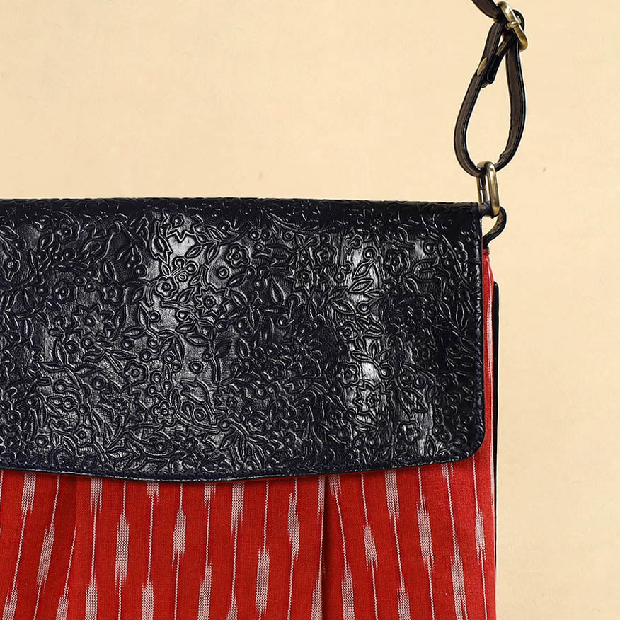 Red - Handcrafted Ikat Fabric Sling Bag with Embossed Leather Flap