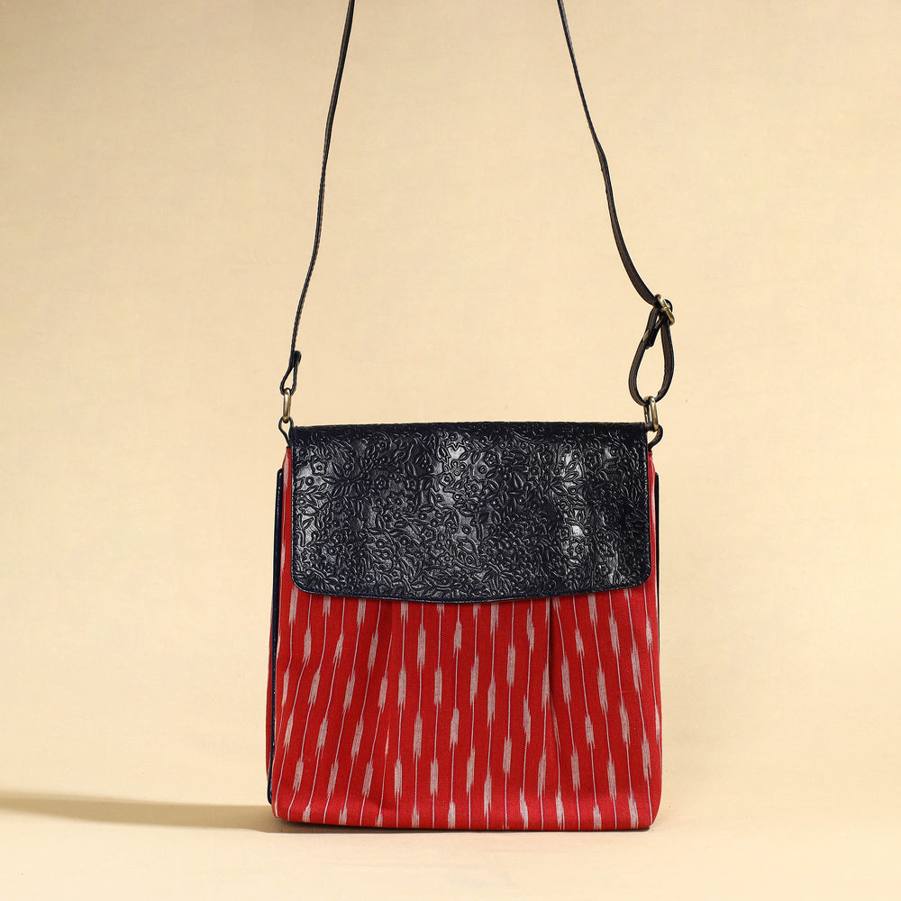 Red - Handcrafted Ikat Fabric Sling Bag with Embossed Leather Flap